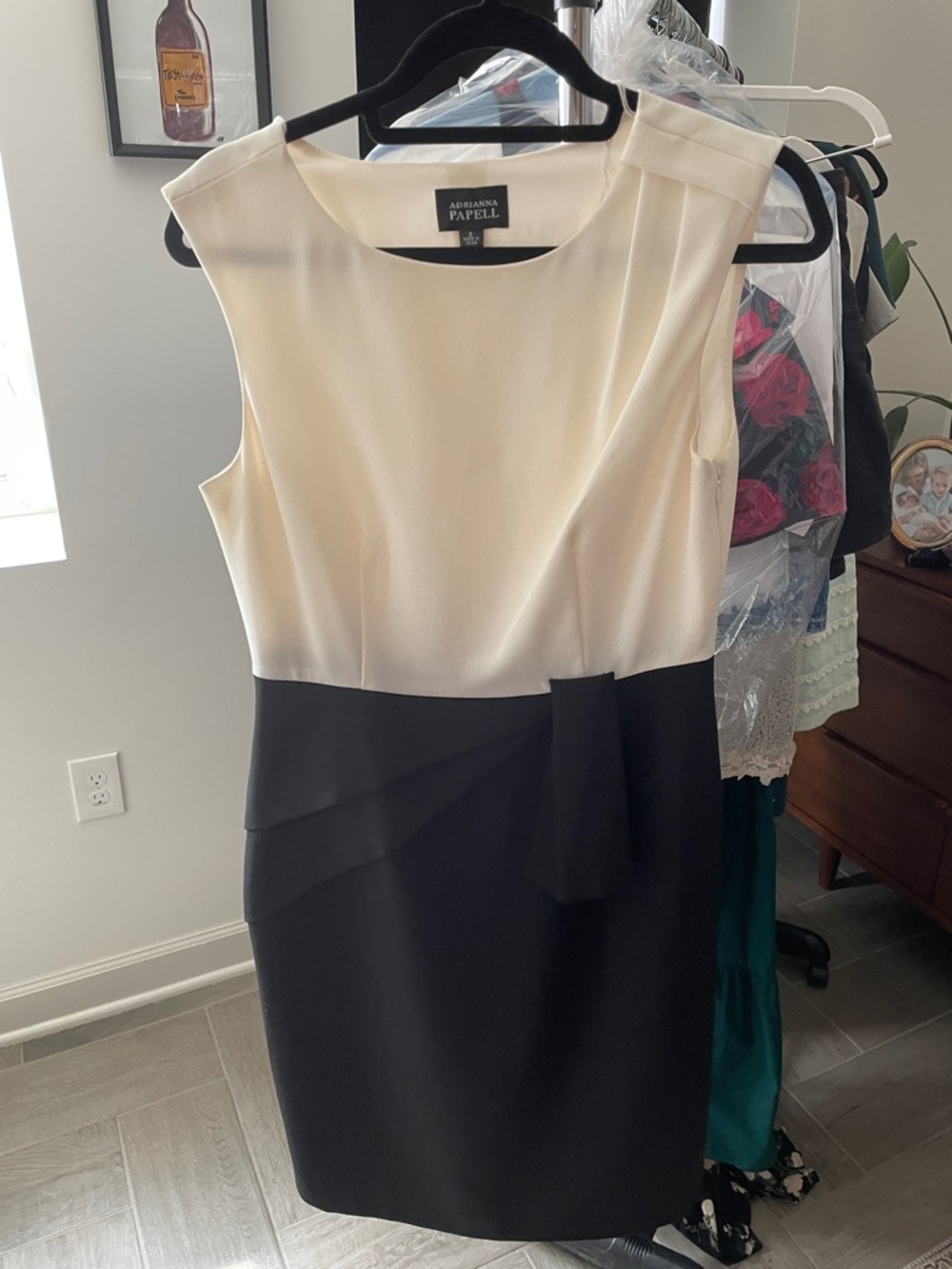 Adrianna Papell Cream and Black Two-Tone Midi Sheath Dress